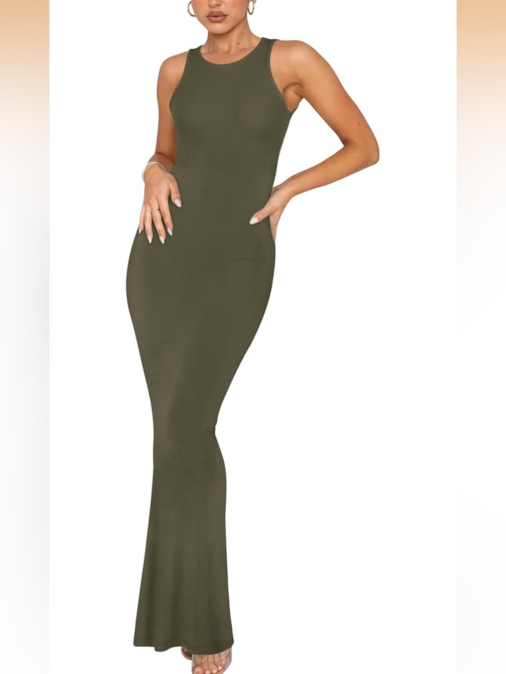 ReoRia Women’s Basic Summer Tank Ribbed Maxi Bodycon Dress NWT Army Green